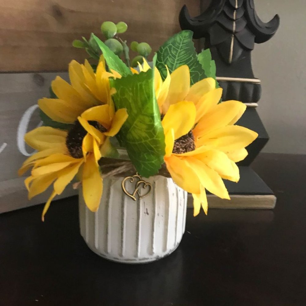 New Handmade Distressed White Jar with Faux Sunflowers and Bronze Heart Charm